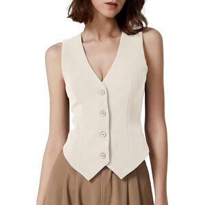 Women's Beige V Neck Vest Top Sleeveless Button Down Fully Lined Solid Crop Tops